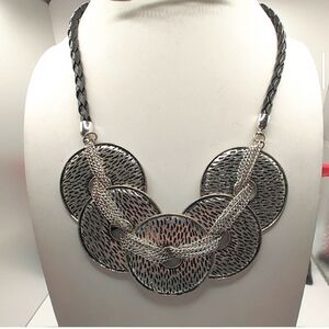 Premier Designs Pre-loved Silver Tone Disc Leather Braided Cord Necklace